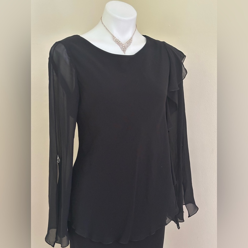 VINTAGE SILK Black, Sheer Ruffled, Asymmetrical Evening Dress Sz M - Picture 4 of 16